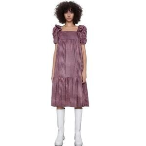 Zara Women’s Gingham Ruffle Prairie Midi Dress Pink/Navy Blue Size Medium